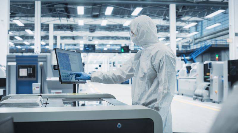 Unrecognizable person in protective gear working in front of screen with fluorescent lights