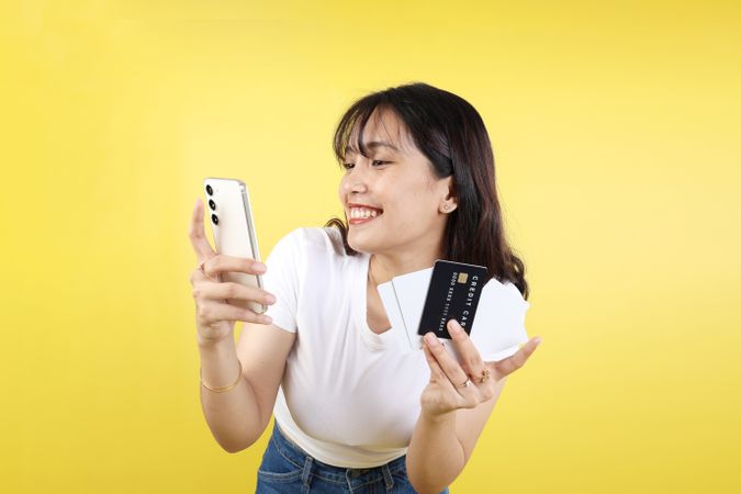 Asian Woman Holding Mobile Phone Happy Online Shopping Using Credit Card