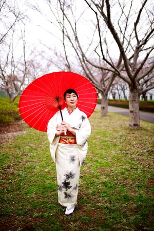 Japanese woman in light kimono holding red umbrella standing in a garden at daytime