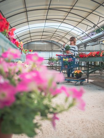 Female customer with cart on flower market