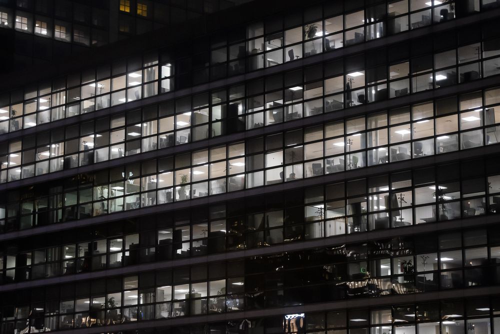 Busy business building at night