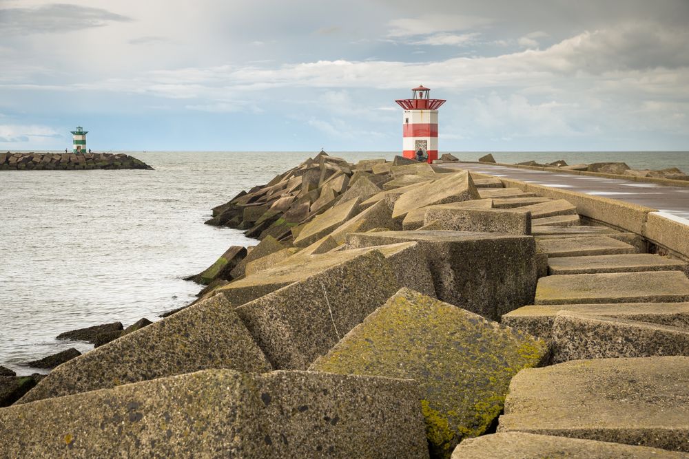 Brick dock and lighthouses at the distance