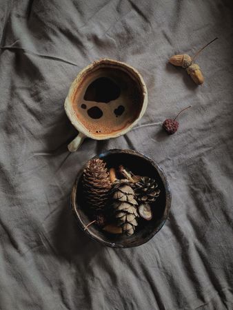 Top view of coffee cup and bowl of pine cones