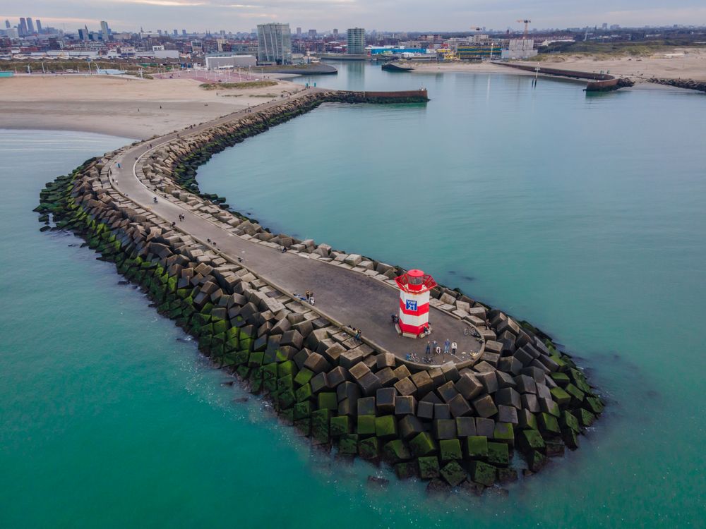 High angle view of red lighthouse in Scheveningen port in Den Haag, Zuid-Holland, Netherlands