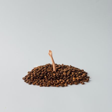 Doll arm emerging from a pile of coffee beans