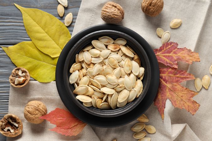 Concept of Autumn vibe food, Pumpkin, Pumpkin seeds