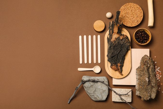 Flat lay of creative moodboard composition, space for text