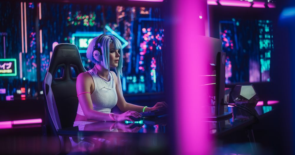 Digital Future with Stunning Young Woman Using a Computer in a Technologically Advanced Room with Futuristic Background.