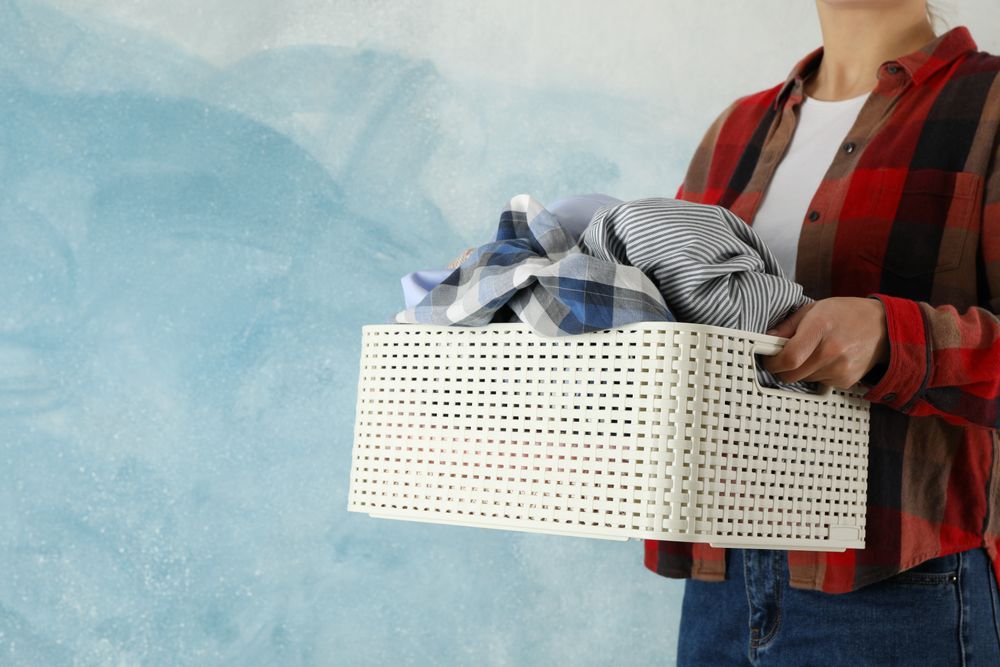 Young woman hold basket with clean clothes, space for text