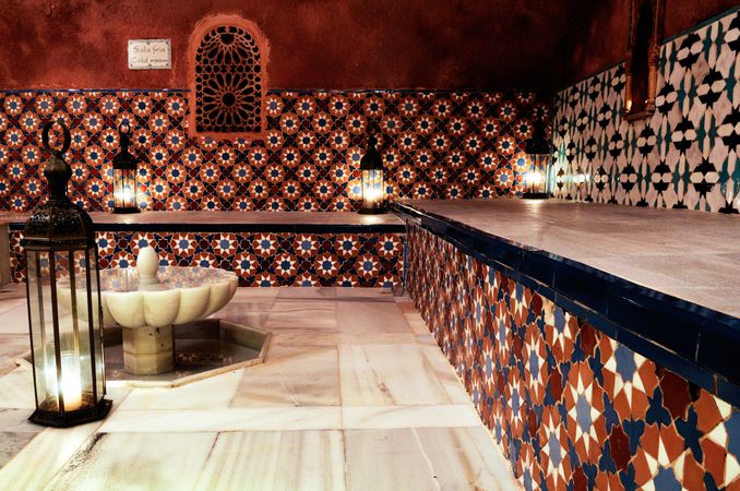 Arab Baths with tiled walls in Granada, Andalusia, Spain