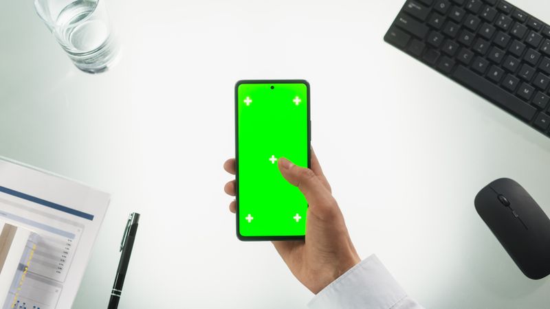 Anonymous Person Using a Smartphone with Mock Up Green Screen Chromakey Display with Motion Tracker Placeholders. Manager Browsing Online, Swiping and Tapping on the Phone. Top Down View
