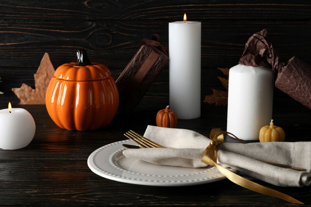 Concept of Thanksgiving day, Autumn table setting on wooden background
