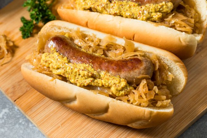 Homemade Beer Bratwursts on a Bun with Sauerkraut