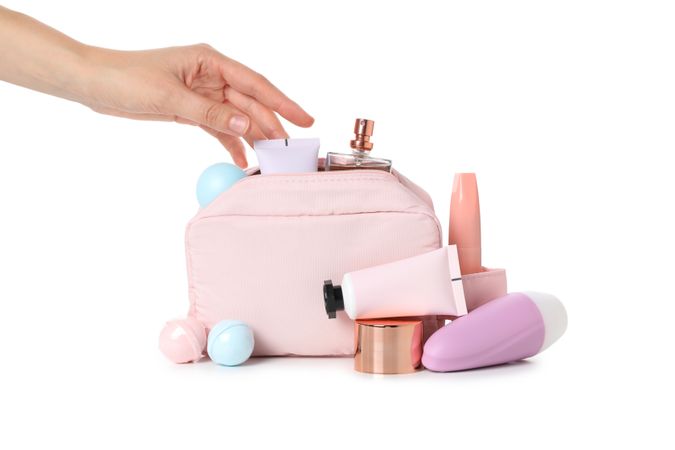 Bath accessories, toilet bag, isolated on plain background