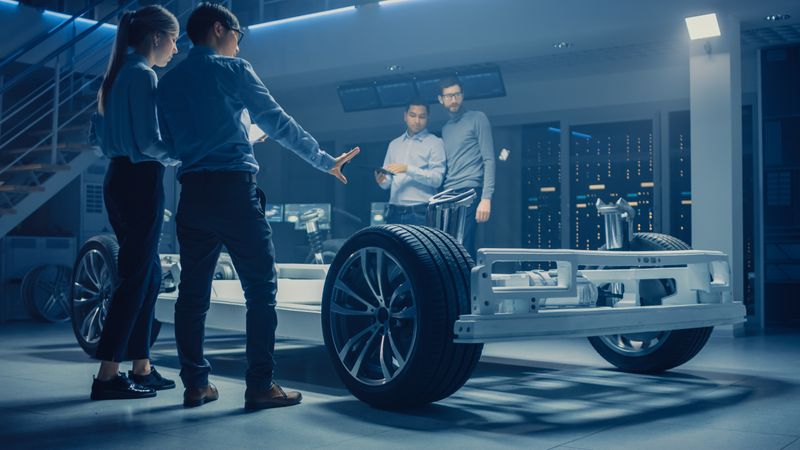 Team of Automotive Engineers Discussing and Designing Electric Car Platform Chassis Prototype, Taking Measures, Working with 3D CAD Software
