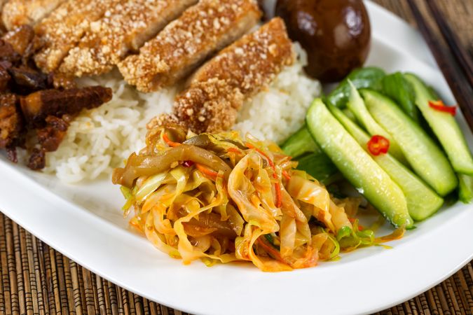 Fried bread coated pork slice dish on dish