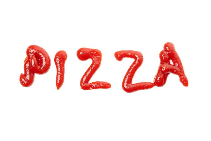 Text Pizza made of ketchup isolated on blank background