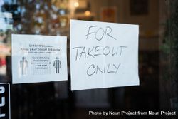 “For take out only” sign in window of restaurant for lockdown 0yXoqb