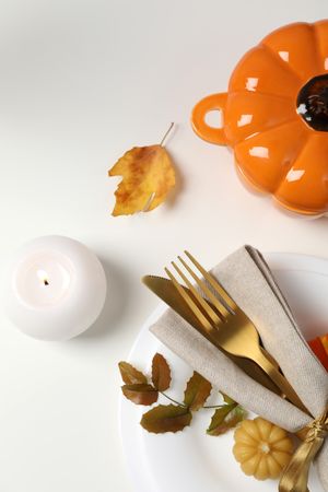 Concept of Thanksgiving day, Autumn table setting, top view