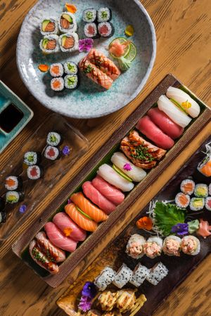 Yummy sushi set on table