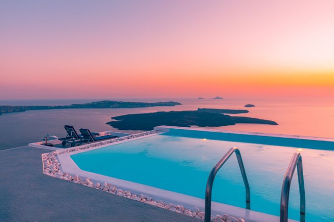 Pool looking out over the Aegean Sea at sunset
