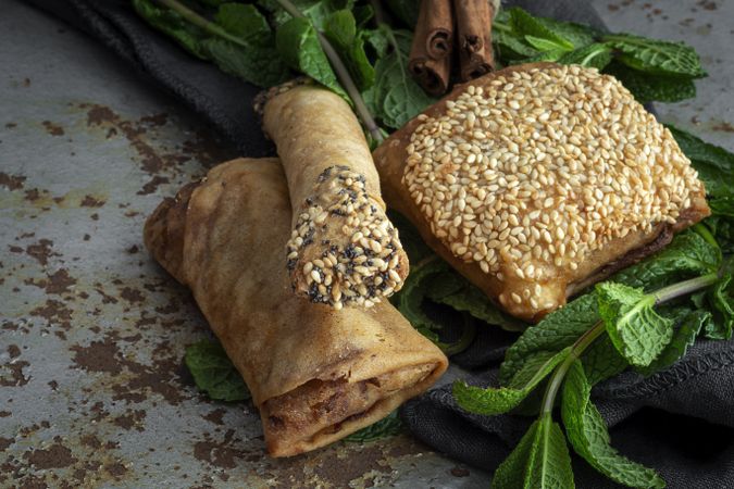 Typical Moroccan food on wooden table