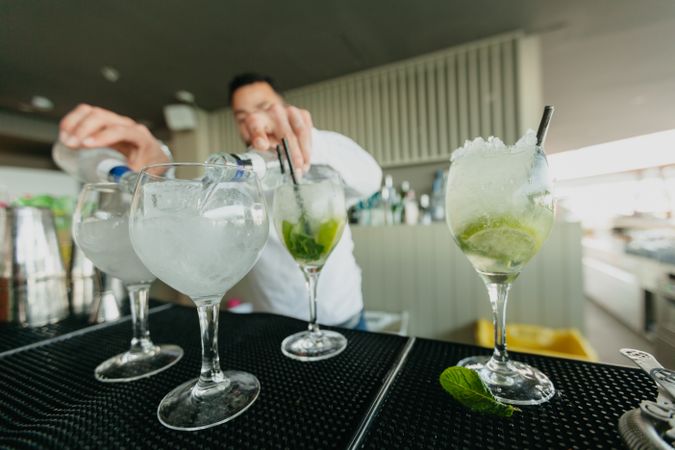 Cheerful Barman preparing alcoholic drinks in a bar.