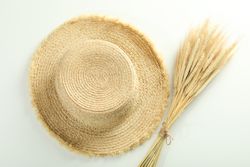 Top view of hat and bunch of dried flowers