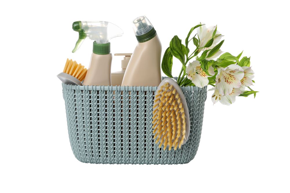 Detergents in a basket, isolated on plain background