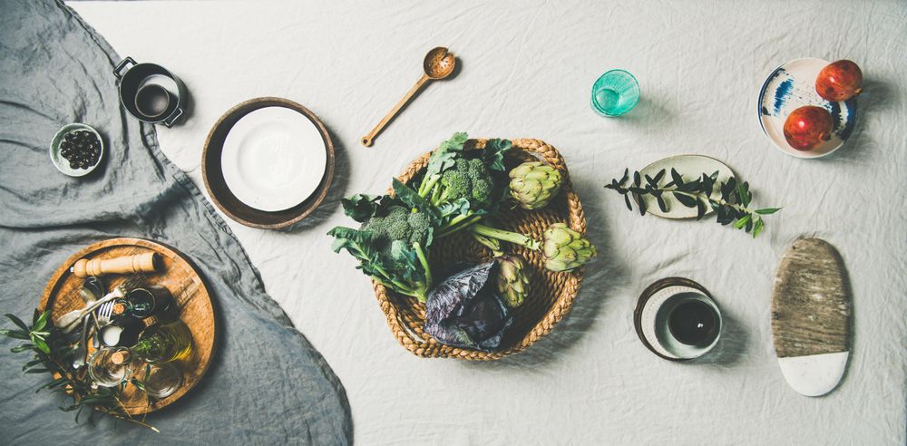 Flat-lay of spring table setting, horizontal