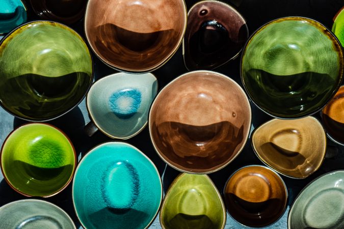 Top view of colorful empty bowls