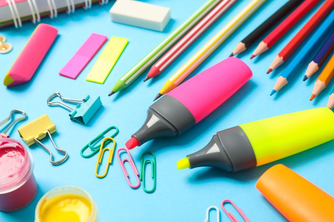 Composition with school supplies on color background, closeup