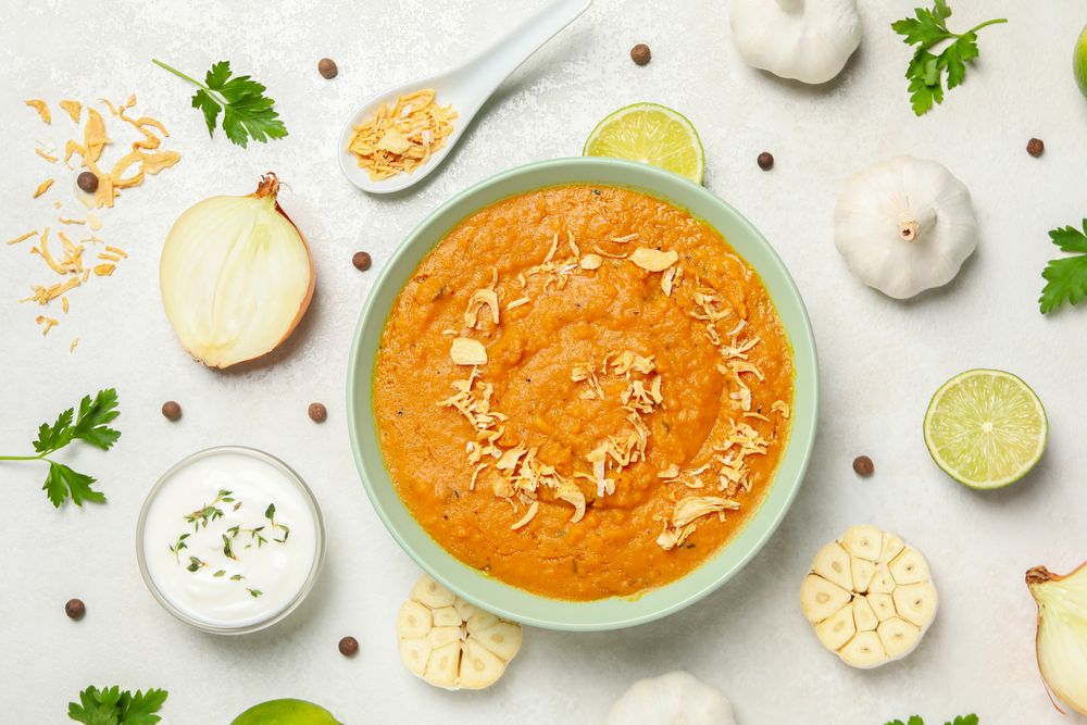 Concept of tasty food, sweet potato puree, top view