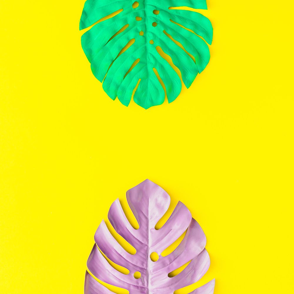 Painted tropical and palm leaves in vibrant bold colors on yellow background