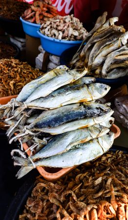 Assorted Dried Fish and Spices at Local Market Stall