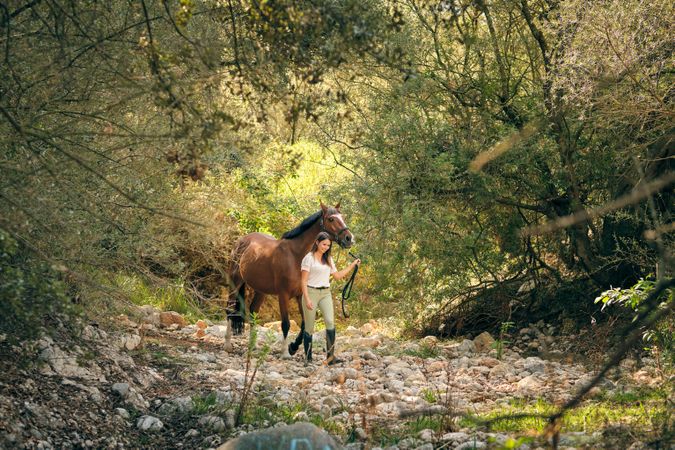 Horsewoman walking with chestnut horse in woods
