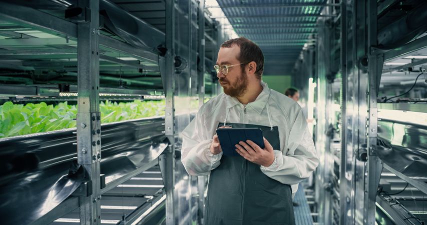 Biology Scientist Working in a Vertical Farm Facility Next to Rack with Natural Eco Plants. Farming Engineer Using Tablet Computer, Organizing and Analyzing Crops Information Before Distribution