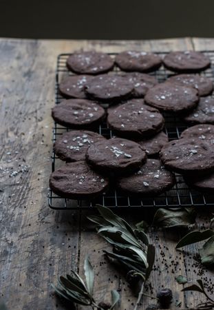 Dry olive branches near chocolate cookies