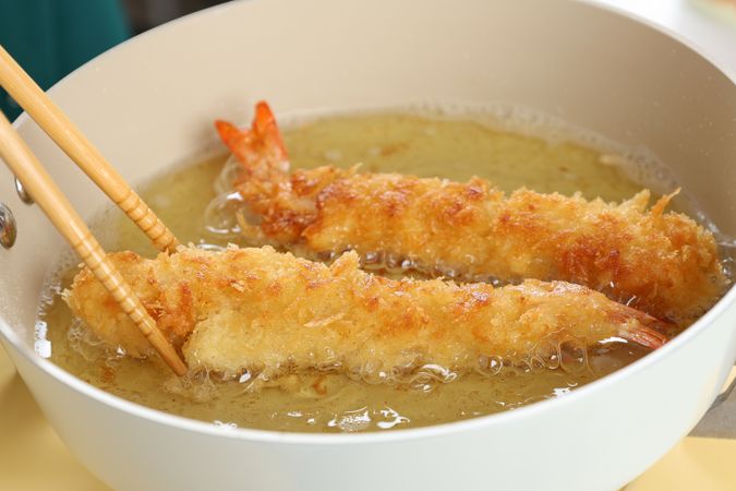Chef Holding Chopstick Cooking Japanese Ebi Shrimp Tempura