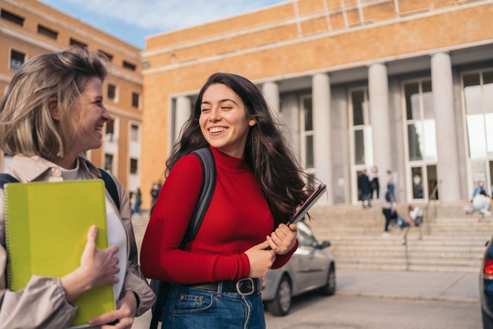 two students leaving class