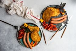 Top view of sausage dinner on a plate