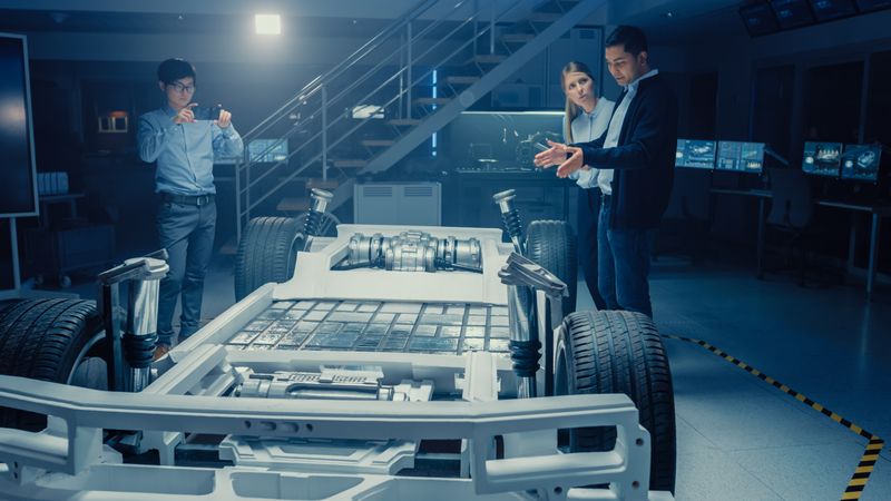 Automotive Design Engineers Talking while Working on Electric Car Chassis Prototype.