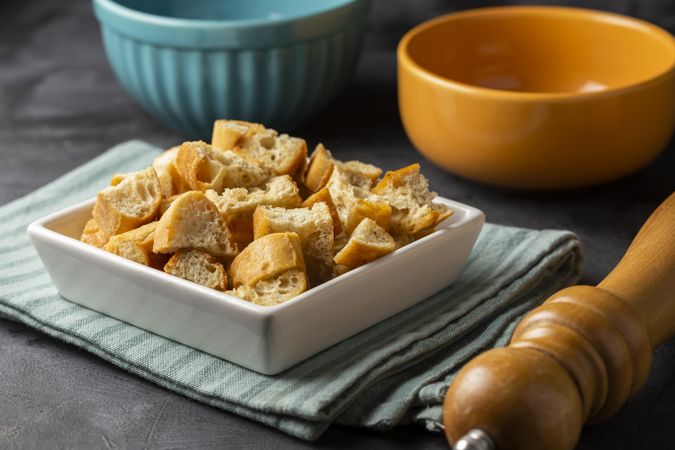 Delicious crunchy croutons on the table.