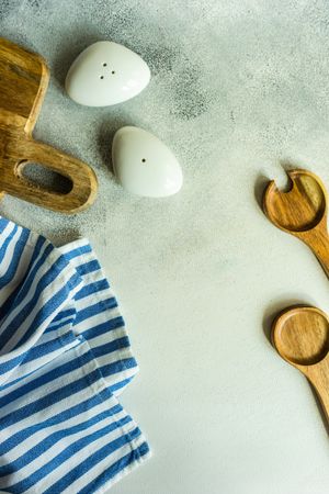 Modern salt and pepper shaker with wooden spoons on kitchen counter