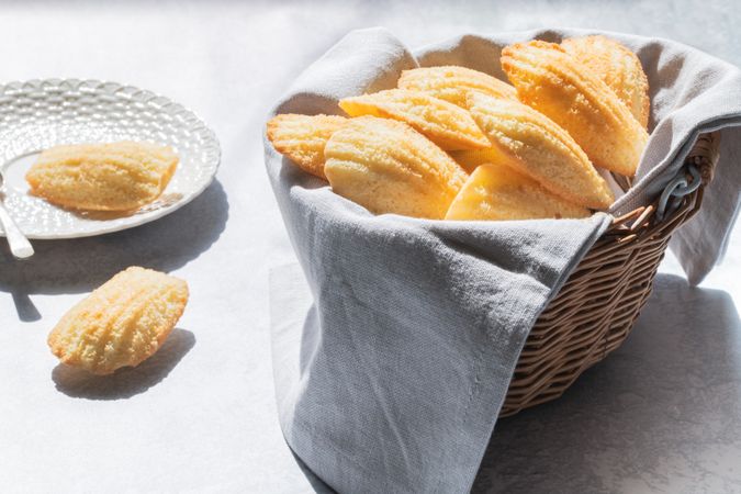 Madeleine cakes in a basket on a grey backdrop. Close-up